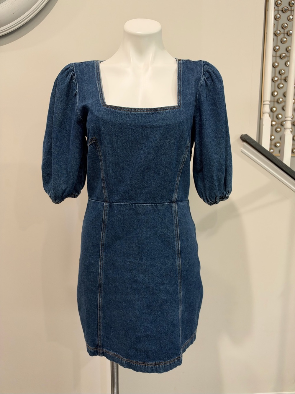 BDG Urban Outfitters Dark Blue Denim Mini Puff sleeve Dress size medium